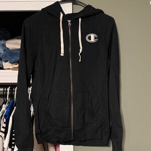 Champion Black Hoodie with White Drawstrings